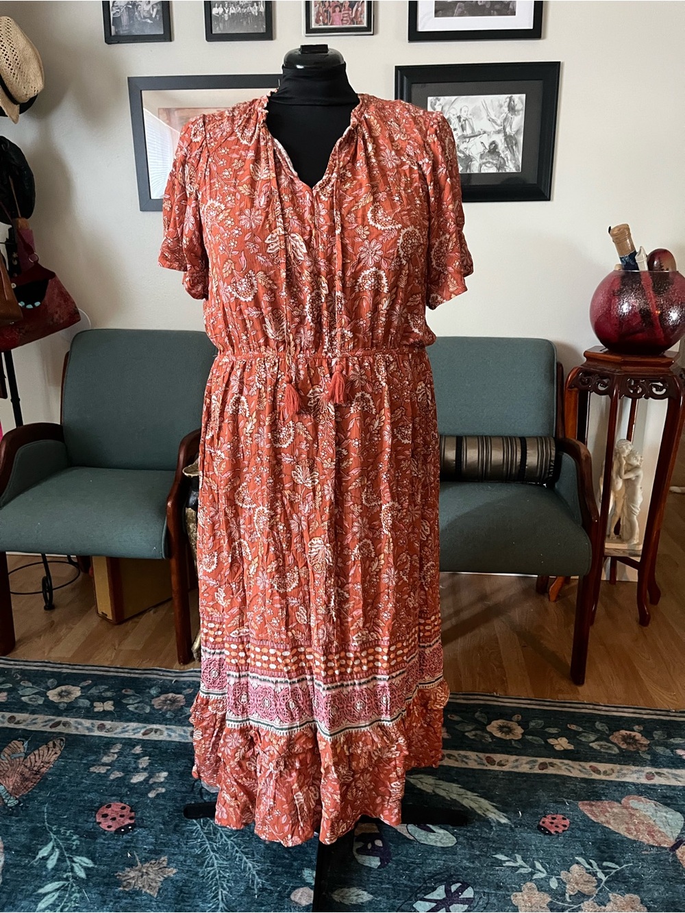 Knox Rose Rust Floral Boho Tie-Waist Maxi Dress